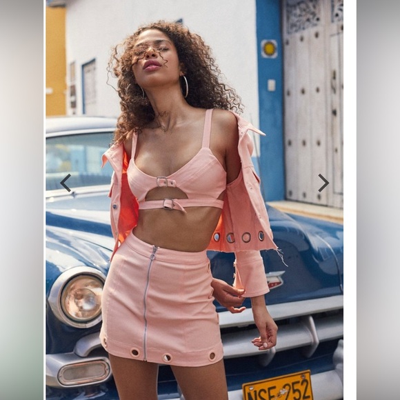 For Love & Lemons FP Creme Puff Denim Bra Top Skirt Set XS - Picture 1 of 13